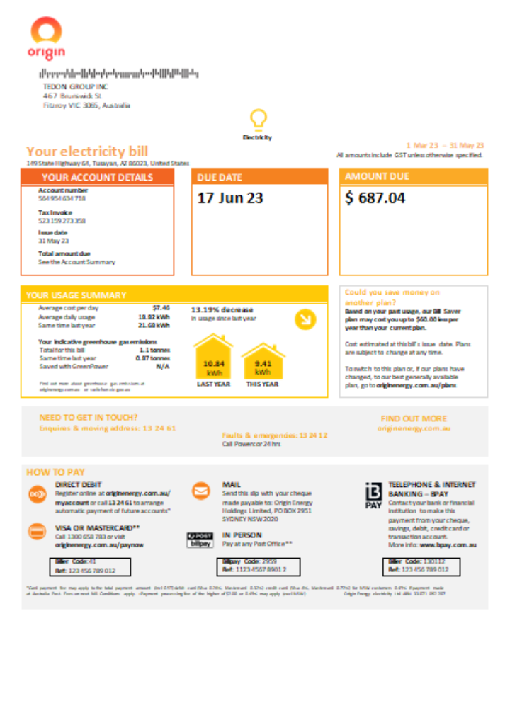 New South Wales (NSW) Origin electricity utility business bill, SCR, page 1 PSD template